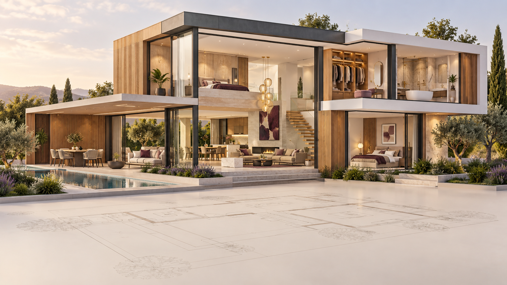 Maison contemporaine en coupe 3D pour un permis de construire
